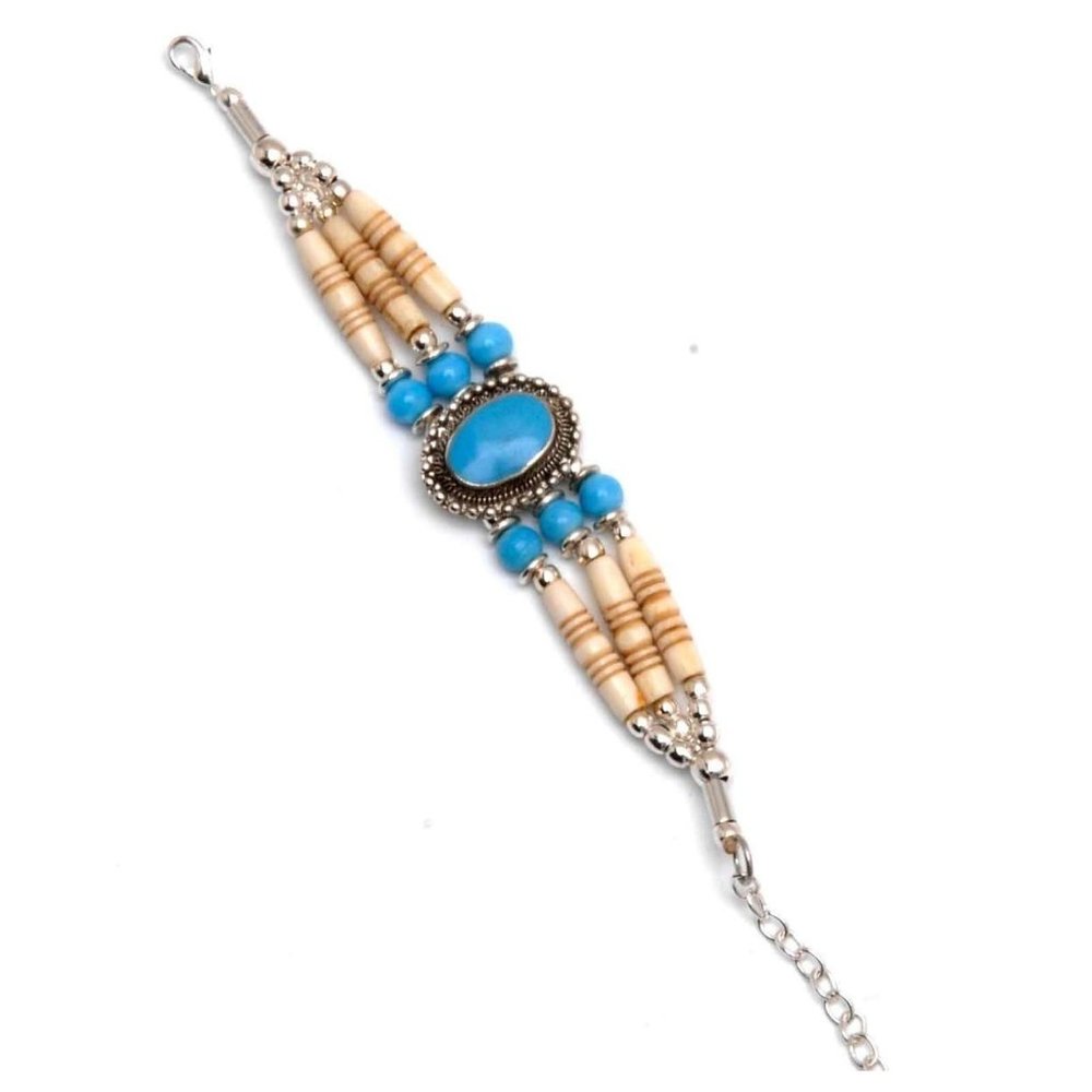 Buffalo Bone Bracelet Beaded Agate Stone Tribal Native American Turquoise